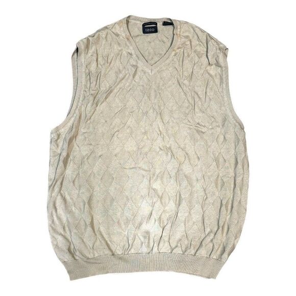 Izod Mens L Beige Mercerized Cotton Sleeveless Argyle Sweater Vest Argyle Golf - Picture 1 of 4